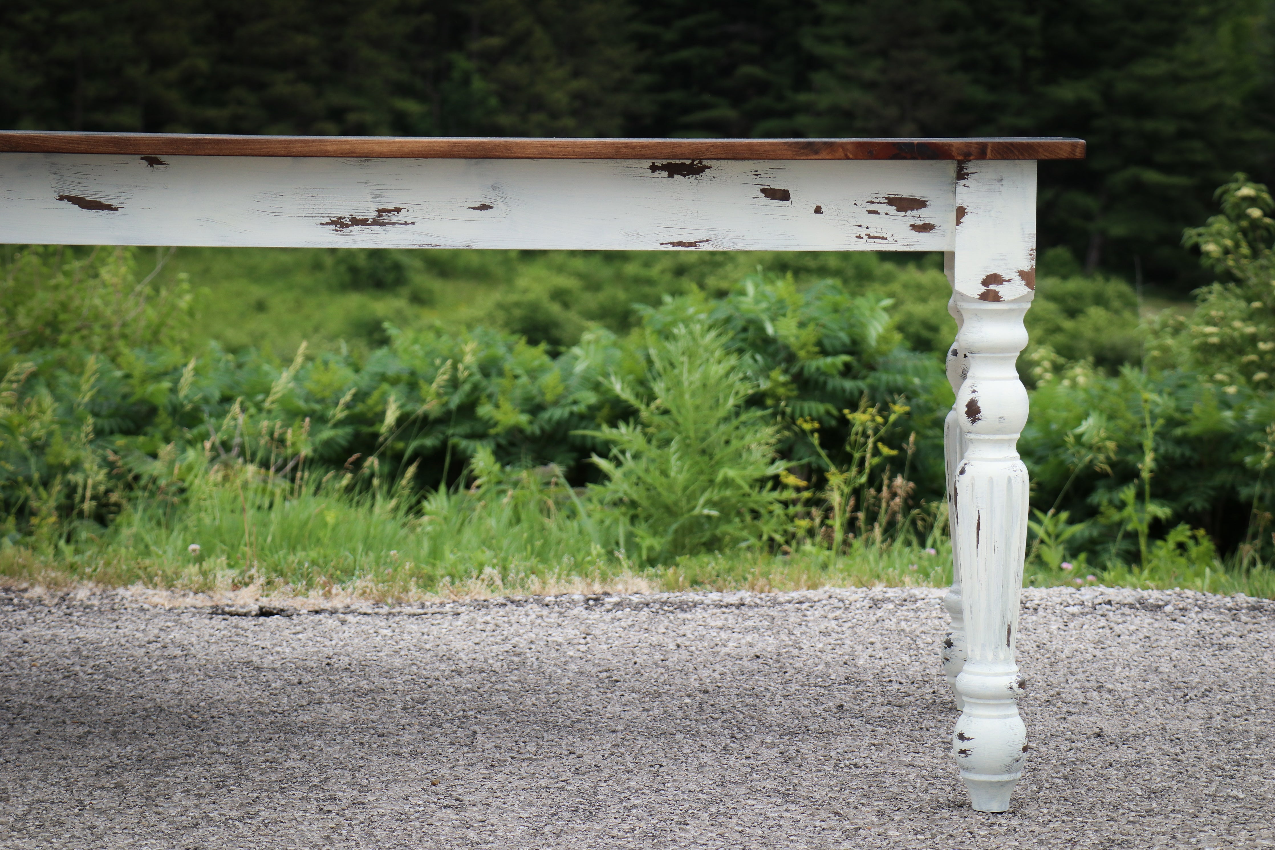 Farmhouse Dining Table with White Distressed Legs and Stained Pine Top - Hazel Oak Farms Handmade Furniture in Iowa, USA