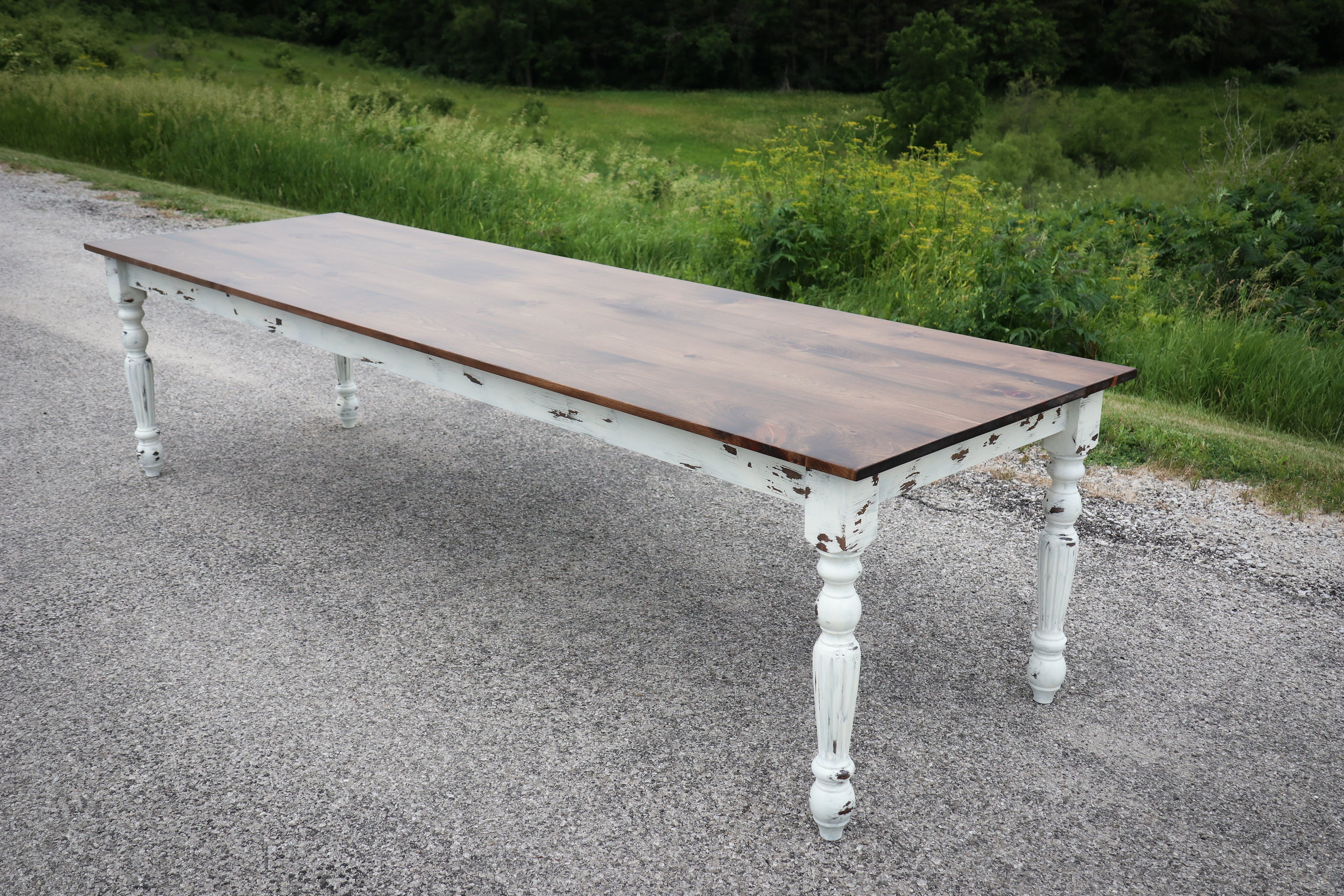 Farmhouse Dining Table with White Distressed Legs and Stained Pine Top - Hazel Oak Farms Handmade Furniture in Iowa, USA Handmade Furniture in Iowa, USA